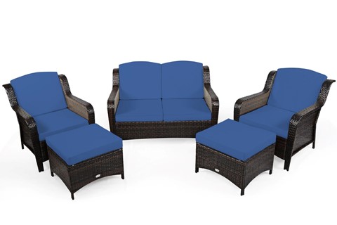 Blue 4-Seater Rattan Garden Set Includes Stools