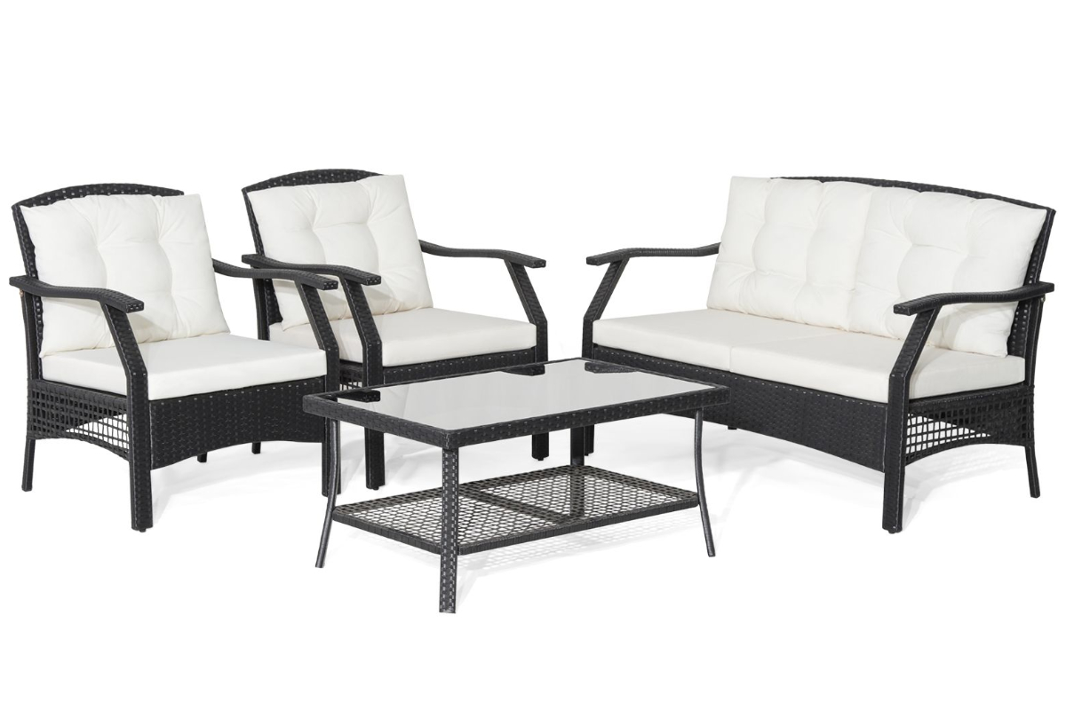 View Outdoor Alexi 4Seater Black Patio Lounge Set Consists Of Two Seater Two Chairs Includes Coffee Table Durable Steel Frame Weather Resistant information
