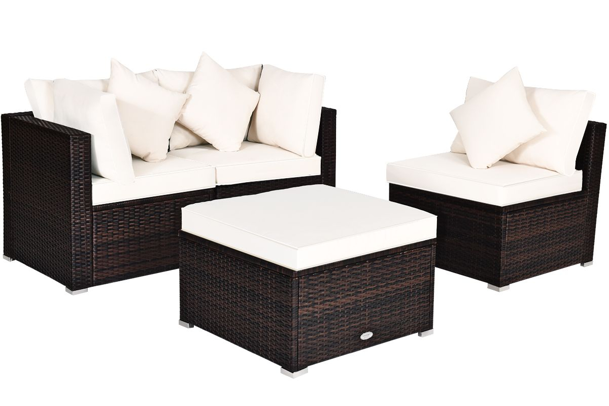 View White Outdoor Oslo Rattan Patio Sofa Set Consists Of Two Seater Chair Table Included Fully Removable Cushions and Pillows Steel Frame information