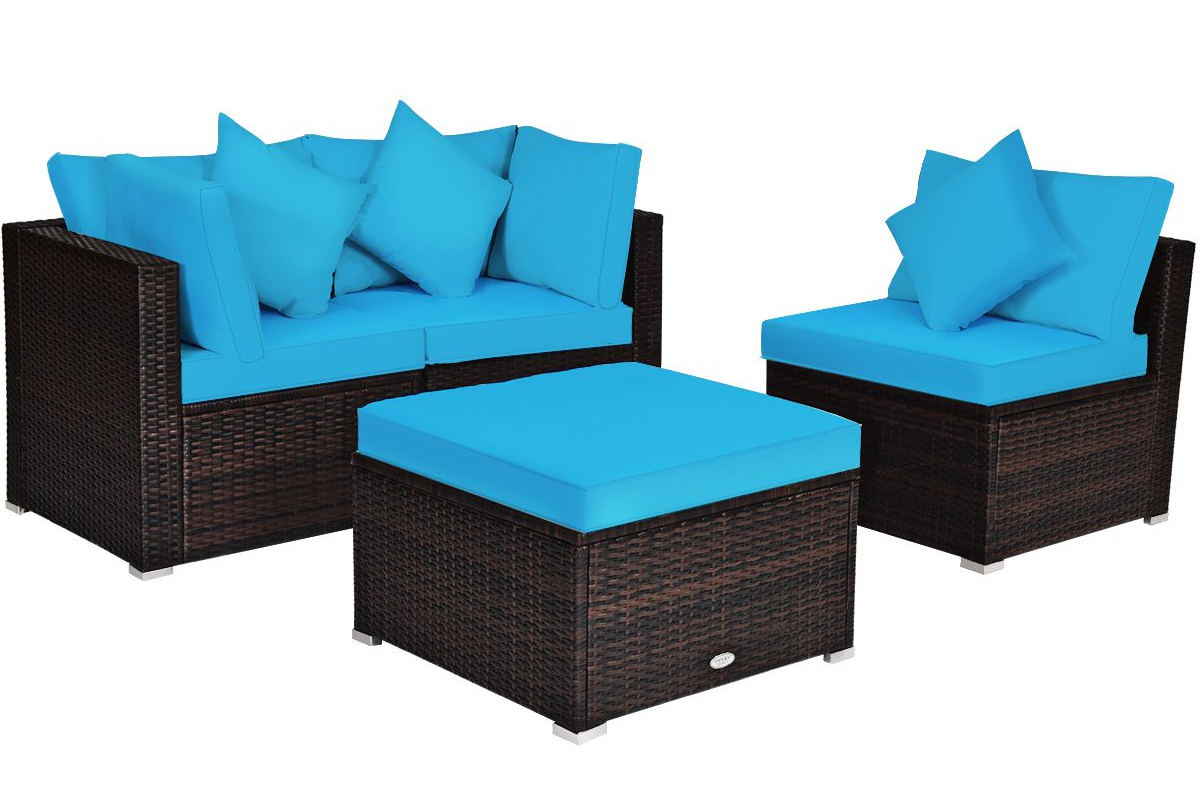 View Blue Outdoor Oslo Rattan Patio Sofa Set Consists Of Two Seater Chair Table Included Fully Removable Cushions and Pillows Steel Frame information