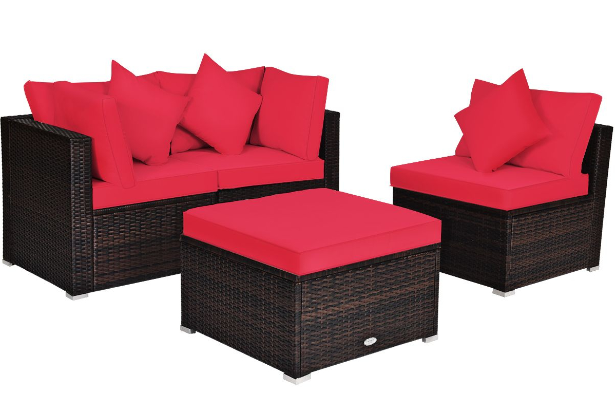 View Red Outdoor Oslo Rattan Patio Sofa Set Consists Of Two Seater Chair Table Included Fully Removable Cushions and Pillows Steel Frame information