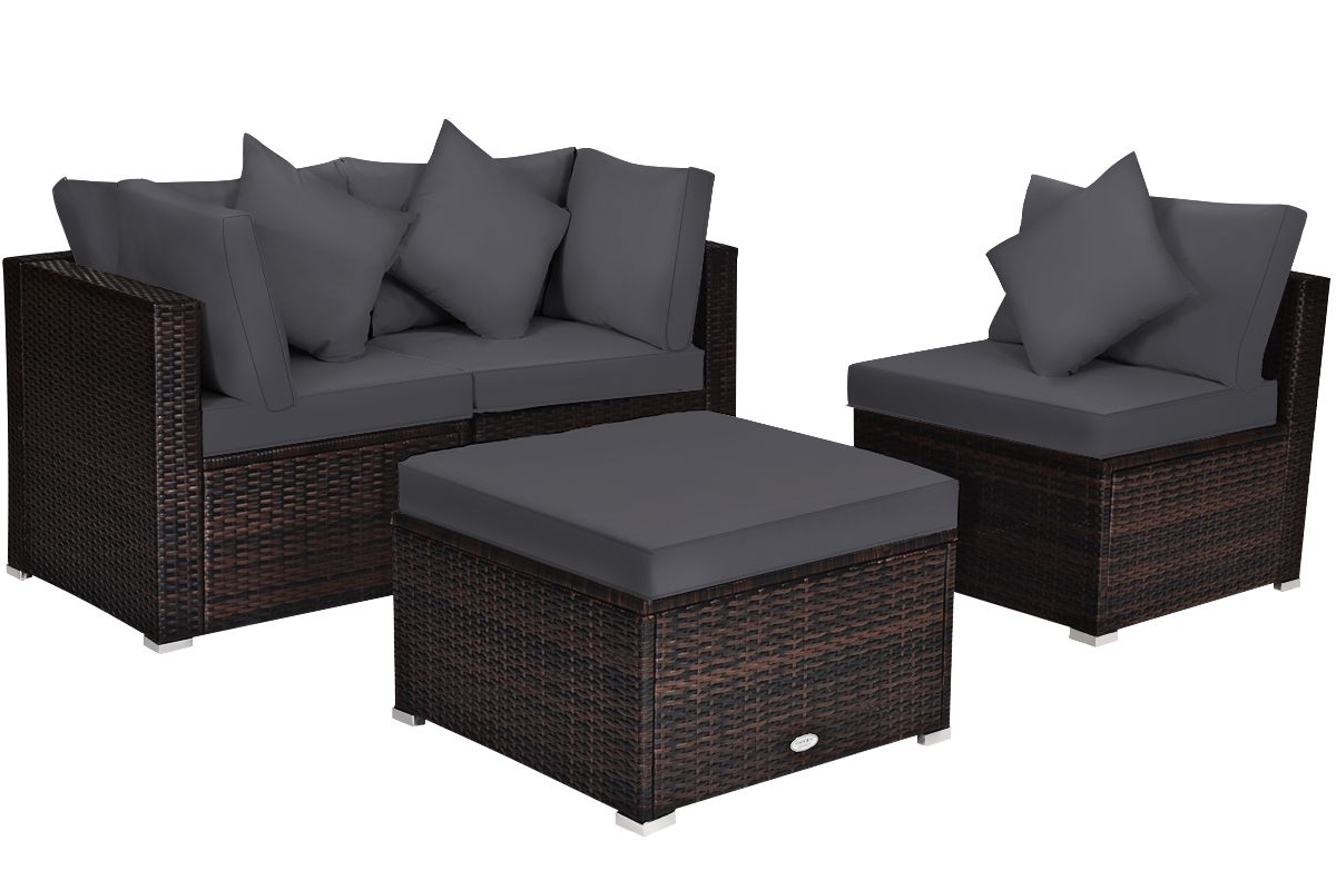 View Grey Outdoor Oslo Rattan Patio Sofa Set Consists Of Two Seater Chair Table Included Fully Removable Cushions and Pillows Steel Frame information