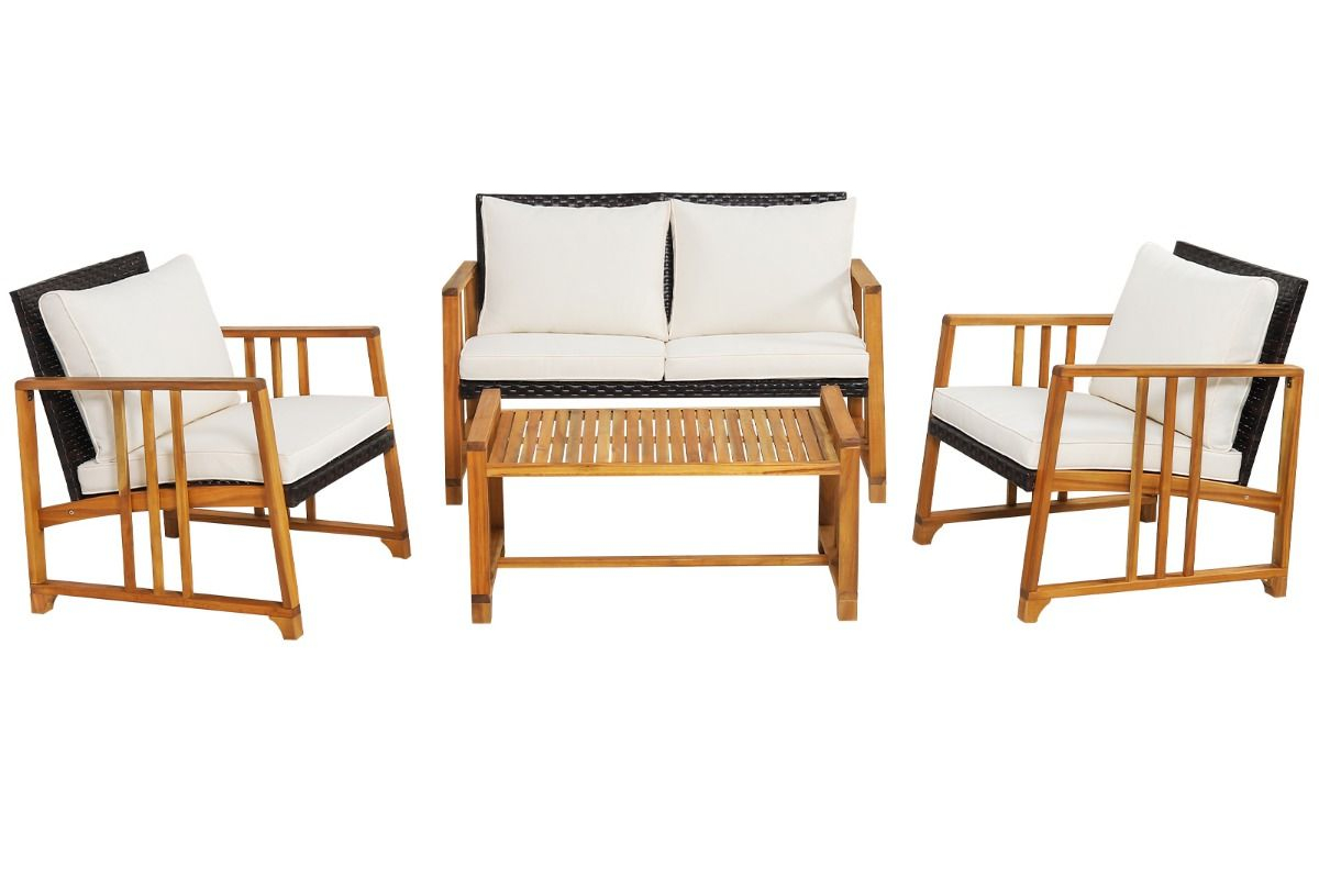 View Outdoor Clemence Hardwood Patio Sofa Set Coffee Table Cushions included Durable Hardwood Frame information