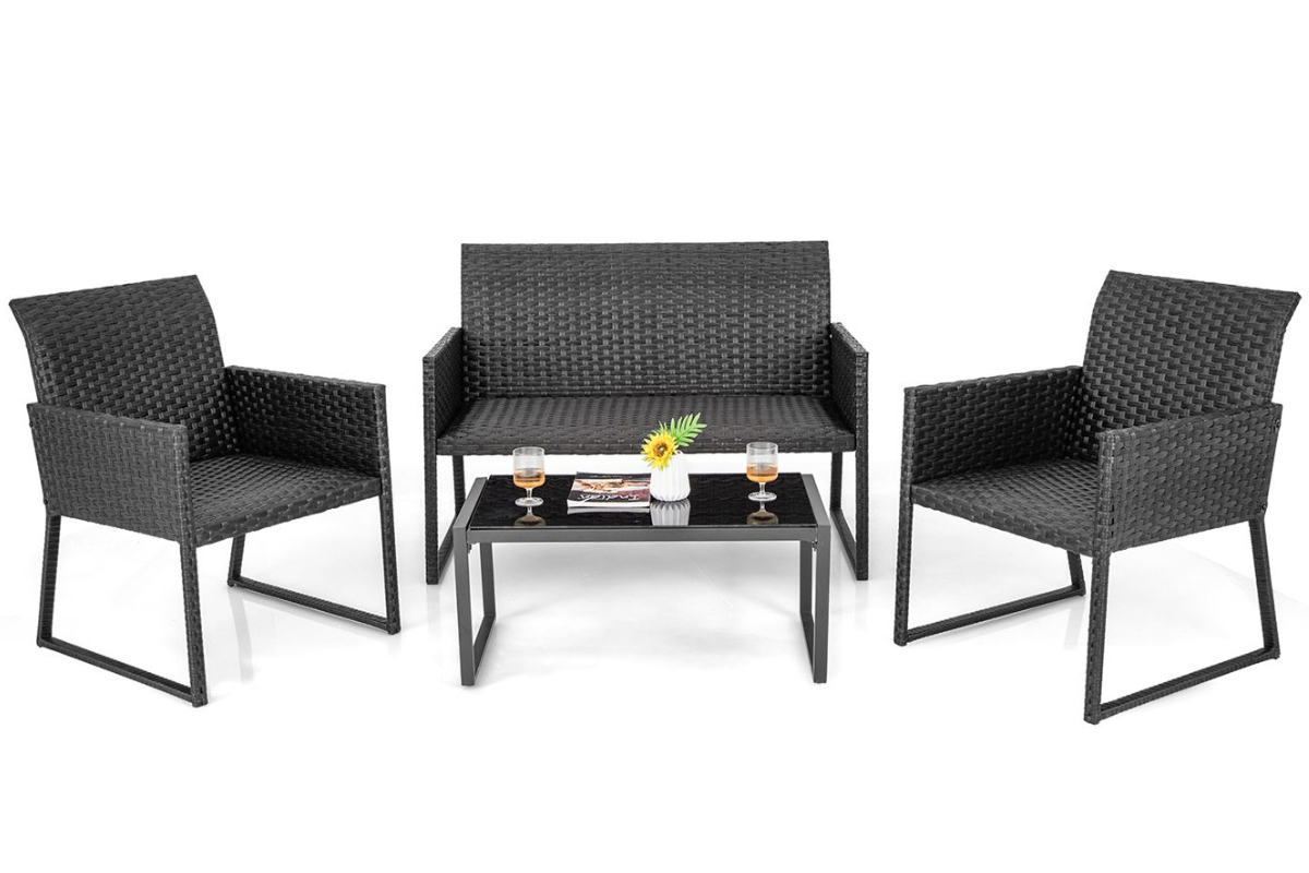 View Outdoor PU Wicker 4 Seater Patio Sofa Set Two Seater Two Chairs Coffee Table Durable Steel Frame Rain Resistant PU Material information