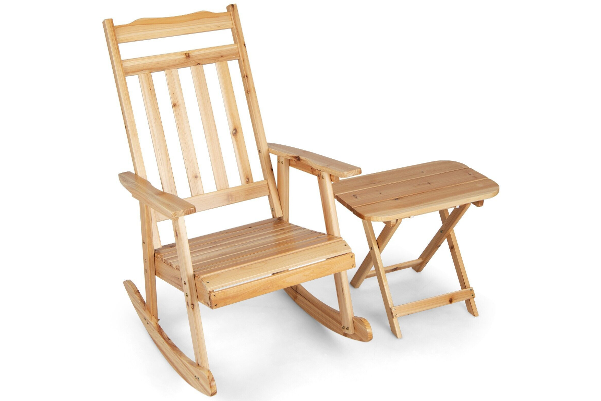 View Wooden Patio Garden Rocking Chair With Matching EasyFold Side Table Made From Fir Wood Weather Resistant Minimal Assembly Required information