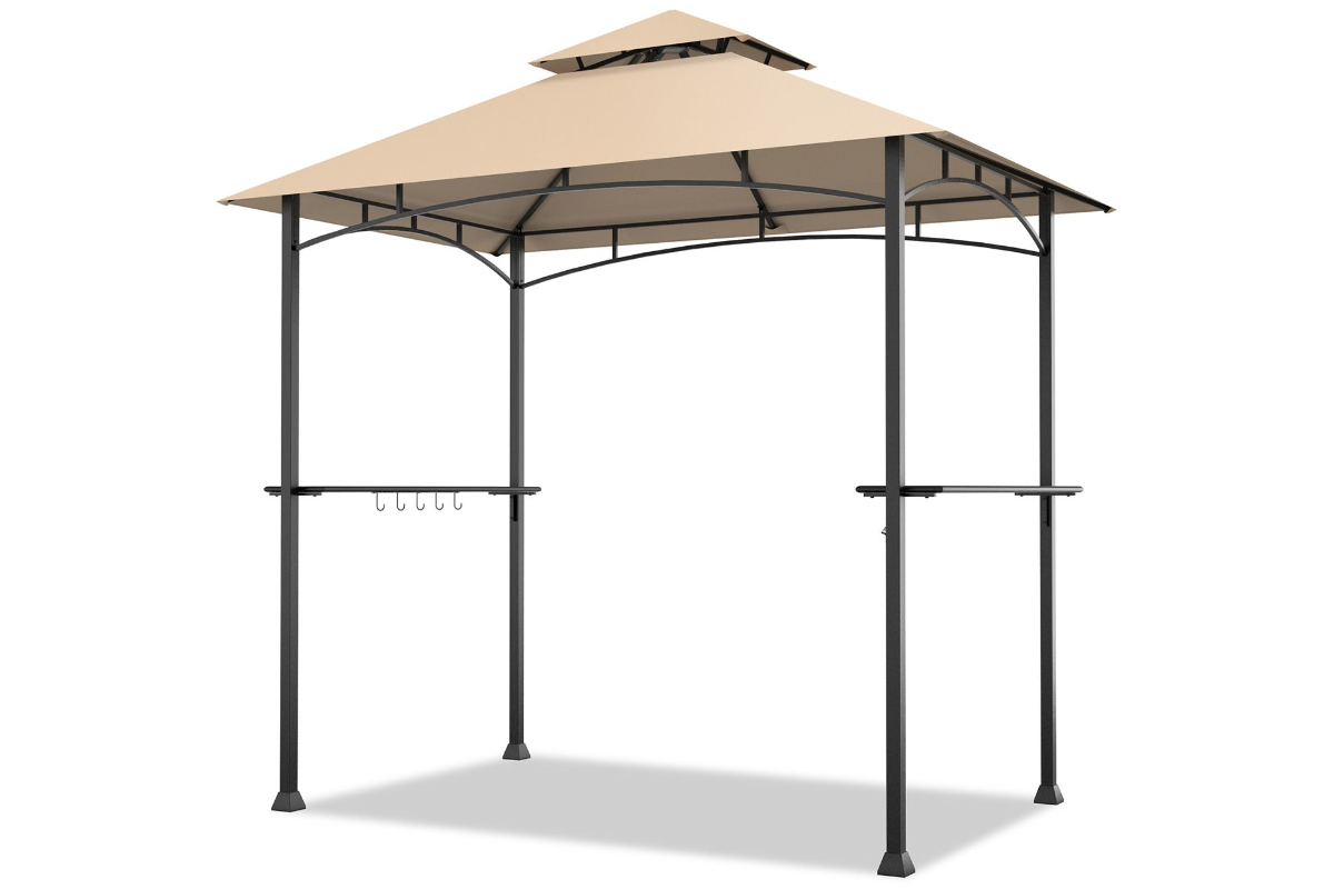 View Brown Outdoor BBQ Grill Gazebo DoubleTier Vented Top Allows Smoke To Filter Out Steel PowderCoated Frame Side Hooks To Attach Cooking Tools information