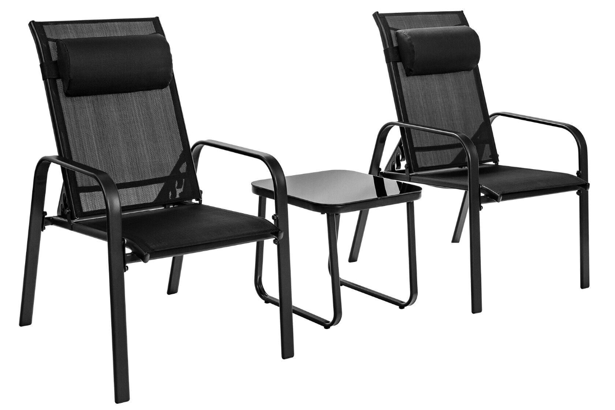 View Black Patio Bistro Set Two Fabric Stackable Recliner Chairs Matching Coffee Table With Tempered Glass information