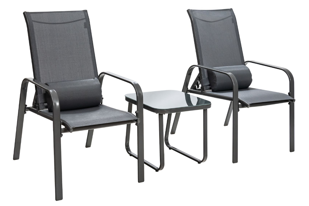 View Grey Patio Bistro Set Two Fabric Stackable Recliner Chairs Matching Coffee Table With Tempered Glass information