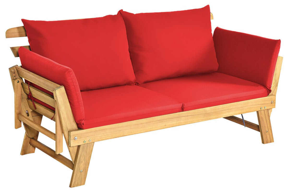 View Red 3 in 1 Outdoor Convertible Sofa With Cushions Choose Between Sofa Bed or Chaise Lounge Made From Acacia Wood Zip Removable Cushion Covers information