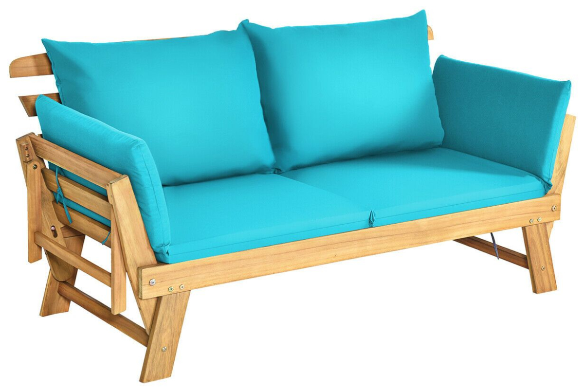 View Blue 3 in 1 Outdoor Convertible Sofa With Cushions Choose Between Sofa Bed or Chaise Lounge Made From Acacia Wood Zip Removable Cushion Covers information