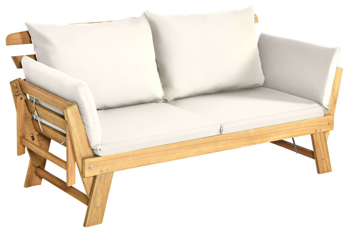 View White 3 in 1 Outdoor Convertible Sofa With Cushions Choose Between Sofa Bed or Chaise Lounge Made From Acacia Wood Zip Removable Cushion Covers information