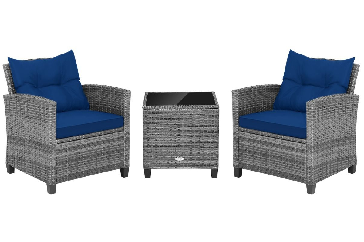 View 3 Piece Rattan Patio Set Two Grey Rattan Chairs With HeavyDuty Steel Frame Navy Cushions Matching Coffee Table With Tempered Glass Tabletop information