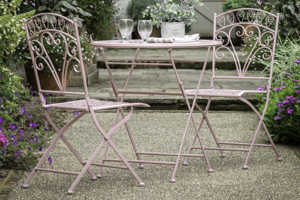 View Brindisi Coral Pink Two Seater Outdoor Metal Patio Bistro Garden Set With Round Table Made From Iron 100 Foldable Design Easy To Store information