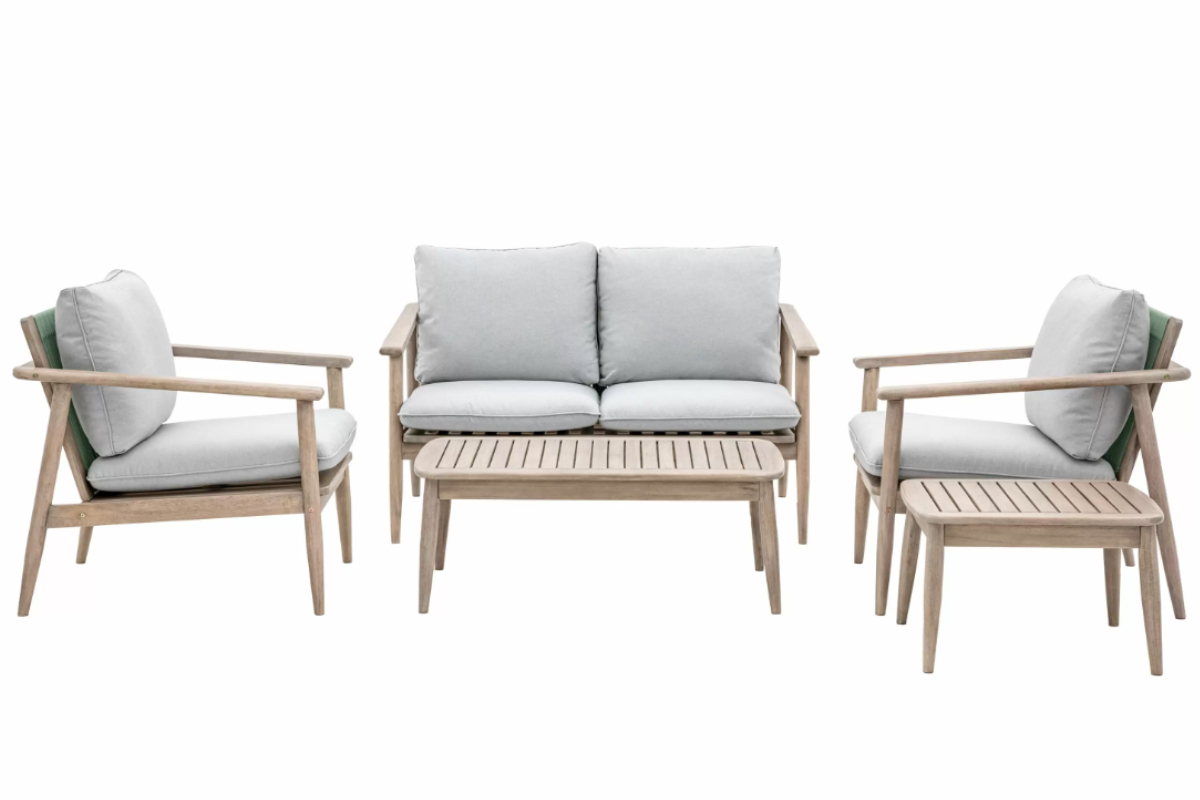 View Corsica 5Seater Wooden Outdoor Garden Patio Set With Grey Cushions 2 Seater Sofa 2 Armchairs And A Coffee Table Made From Acacia Wood information