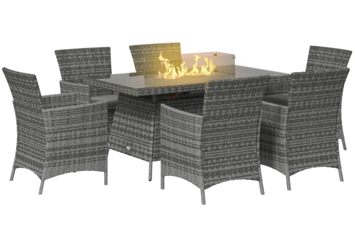 View Grey Outdoor PE Rattan Dining Set with Seat Cushions Fire Pit Table Large Rectangular Rattan Table Tempered Glass TableTop 50000 BTU Burner information