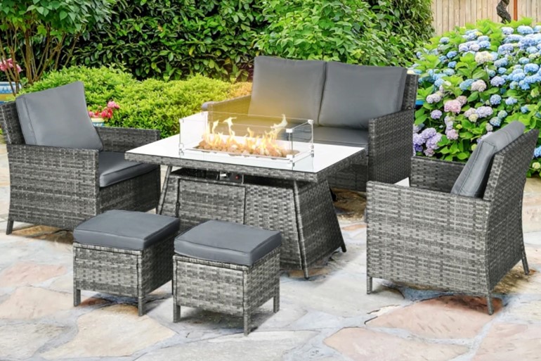 Cannes Outdoor PE Rattan Dining Set With Fire Pit Table