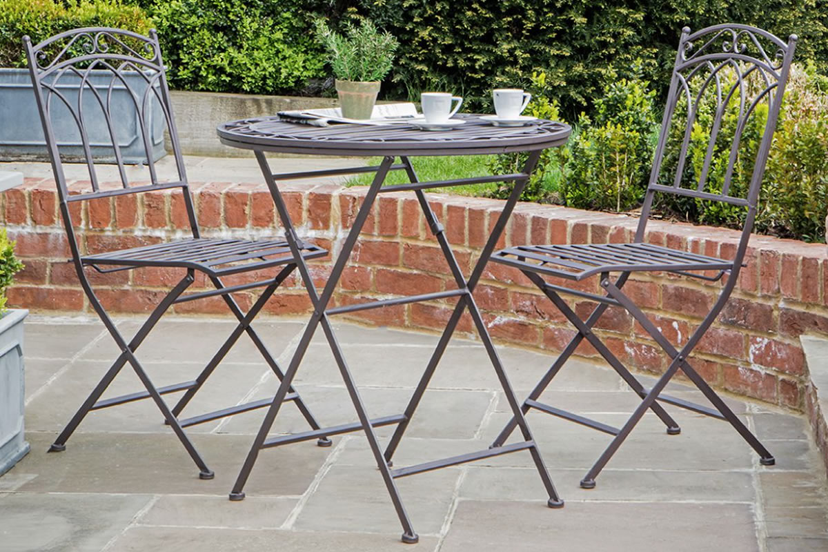 View Distressed Brown Burano Outdoor 2 Seater Metal Bistro Set With Round Table information