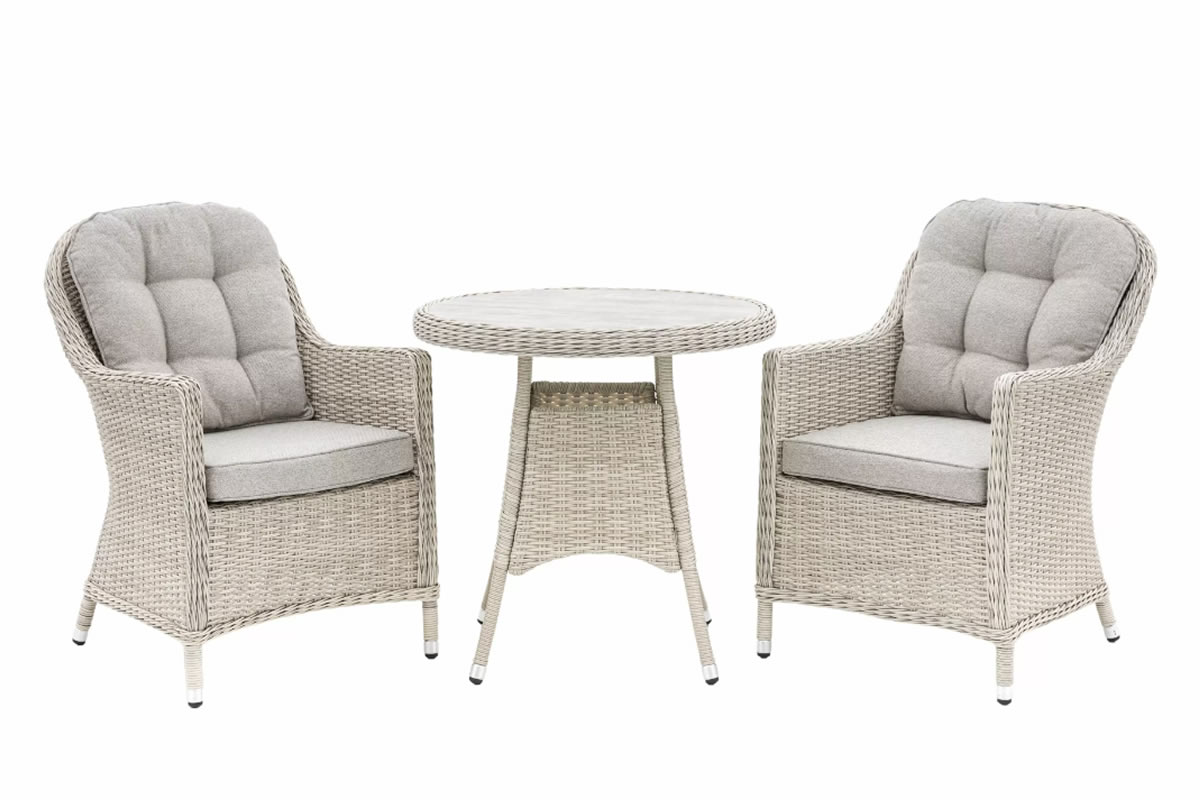 View Holton 2 Seater Outdoor Garden Balcony Rattan Bistro Dining Set Including Round Table With Easy Clean Glass Top Padded Zipped Grey Cushions information