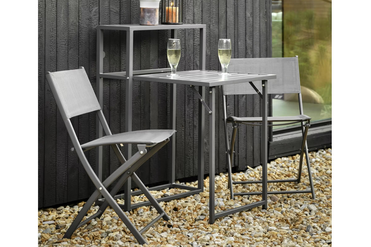 View Dark Grey Modern Metal 2 Seater Balcony Garden Set With Folding Table Chairs Easily Folds Away For Storage Shower Resistant Slatted Table Top information