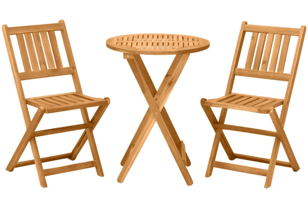 View Wooden 3 Piece Outdoor Folding Bistro Set Two Chairs And A Round Table Made Of High Quality Acacia Wood Slatted Design information