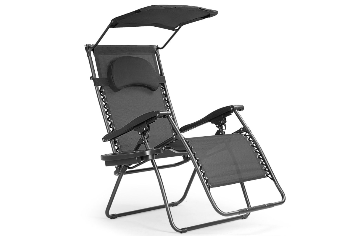 View Black Folding Zero Gravity Recliner with Adjustable Canopy Shade HeavyDuty Steel Frame NonSlip Footrest Compact Folding Design information