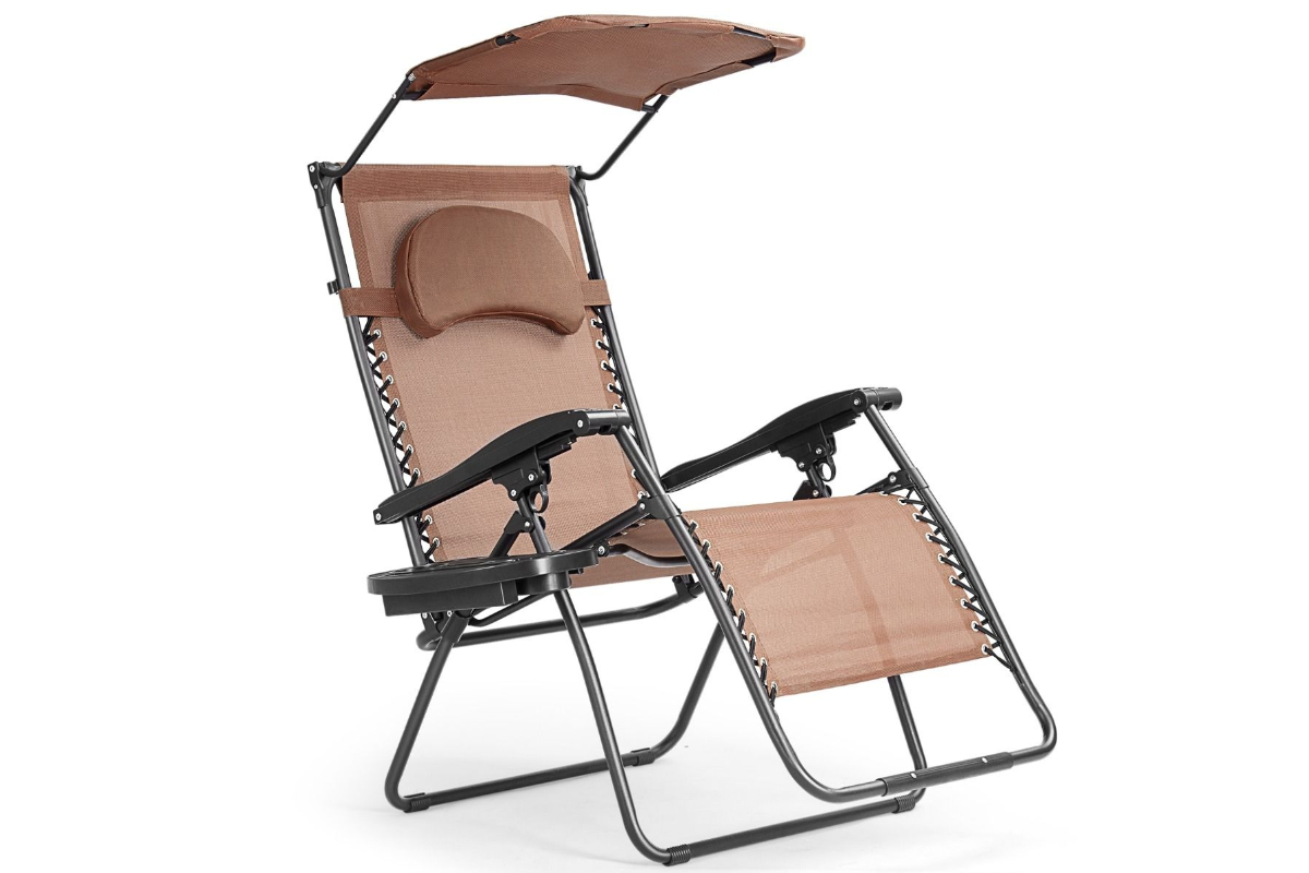 View Coffee Brown Folding Zero Gravity Recliner With Adjustable Canopy Shade HeavyDuty Steel Frame NonSlip Footrest Compact Folding Design information