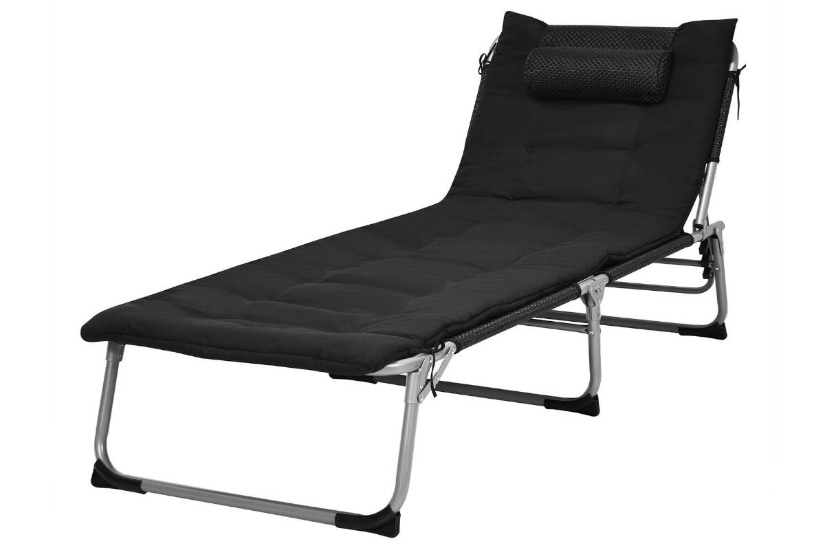 View Black Adjustable Sun Lounger with Soft Mattress and Removable Pillow Four Height Settings Compact Folding Design Weight Tested to 150kg information