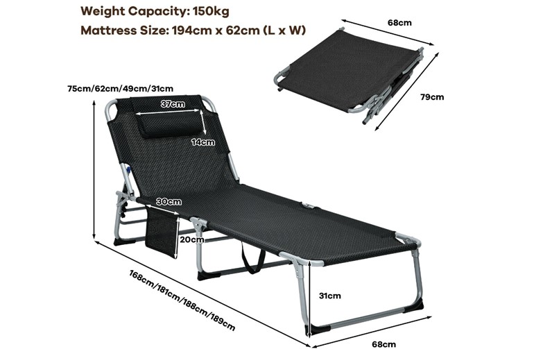 Horndon Adjustable Sun Lounger With Soft Mattress And Removable Pillow