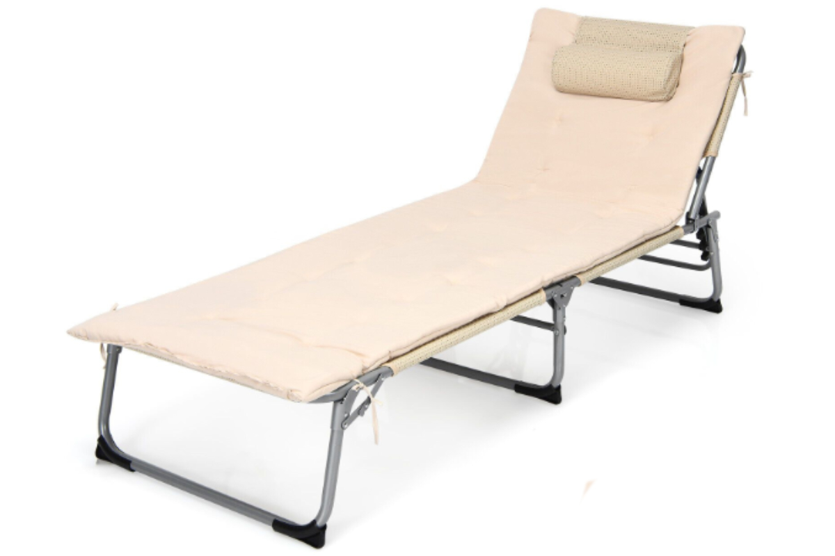 View Beige Adjustable Sun Lounger with Soft Mattress and Removable Pillow Four Height Settings Compact Folding Design Weight Tested to 150kg information