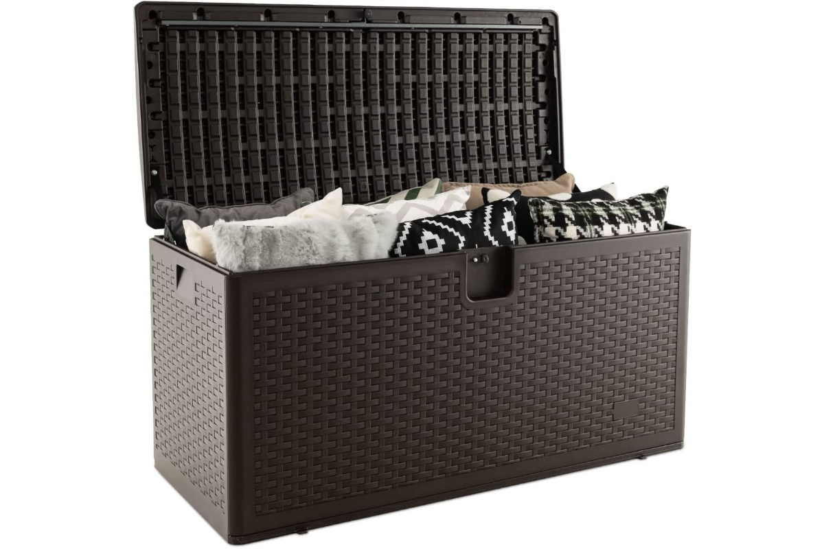 View 370L Brown Rattan Outdoor Storage Box with Handles and Lockable Lid Waterproof Surface Versatile Garden Storage Usage Minimal Assembly Required information