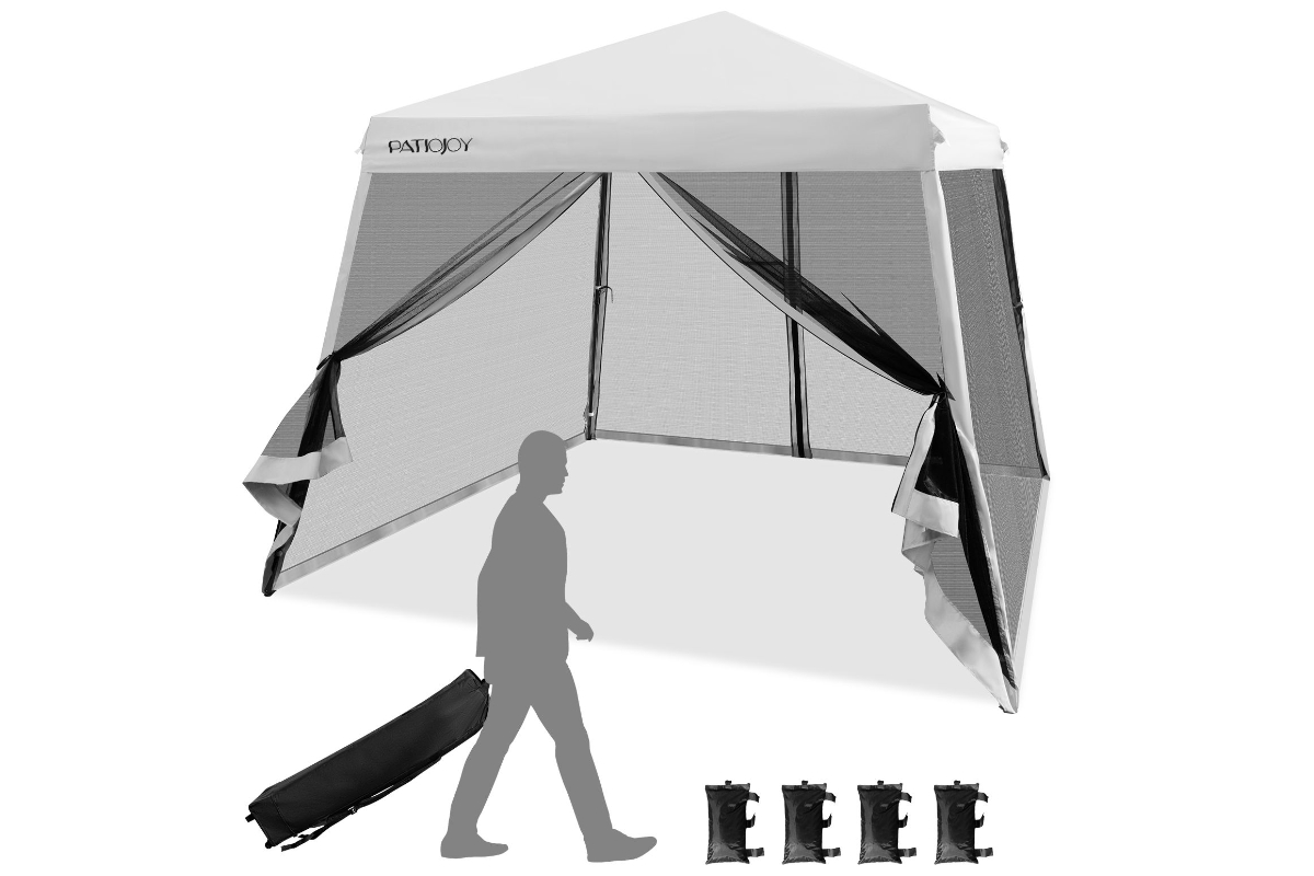 View White Outdoor Pop Up Canopy With Mesh Sidewalls Durable Steel Frame Waterproof Oxford Fabric Carry Bag With BuiltIn Wheels Included information