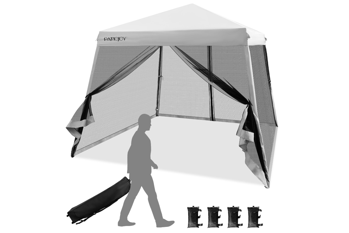 View Grey Outdoor Pop Up Canopy With Mesh Sidewalls Durable Steel Frame Waterproof Oxford Fabric Carry Bag With BuiltIn Wheels Included information