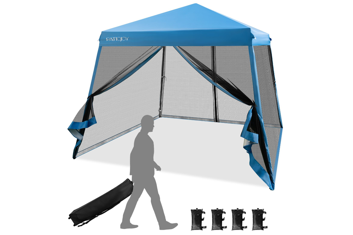 View White Outdoor Pop Up Canopy With Mesh Sidewalls Durable Steel Frame Waterproof Oxford Fabric Carry Bag With BuiltIn Wheels Included information