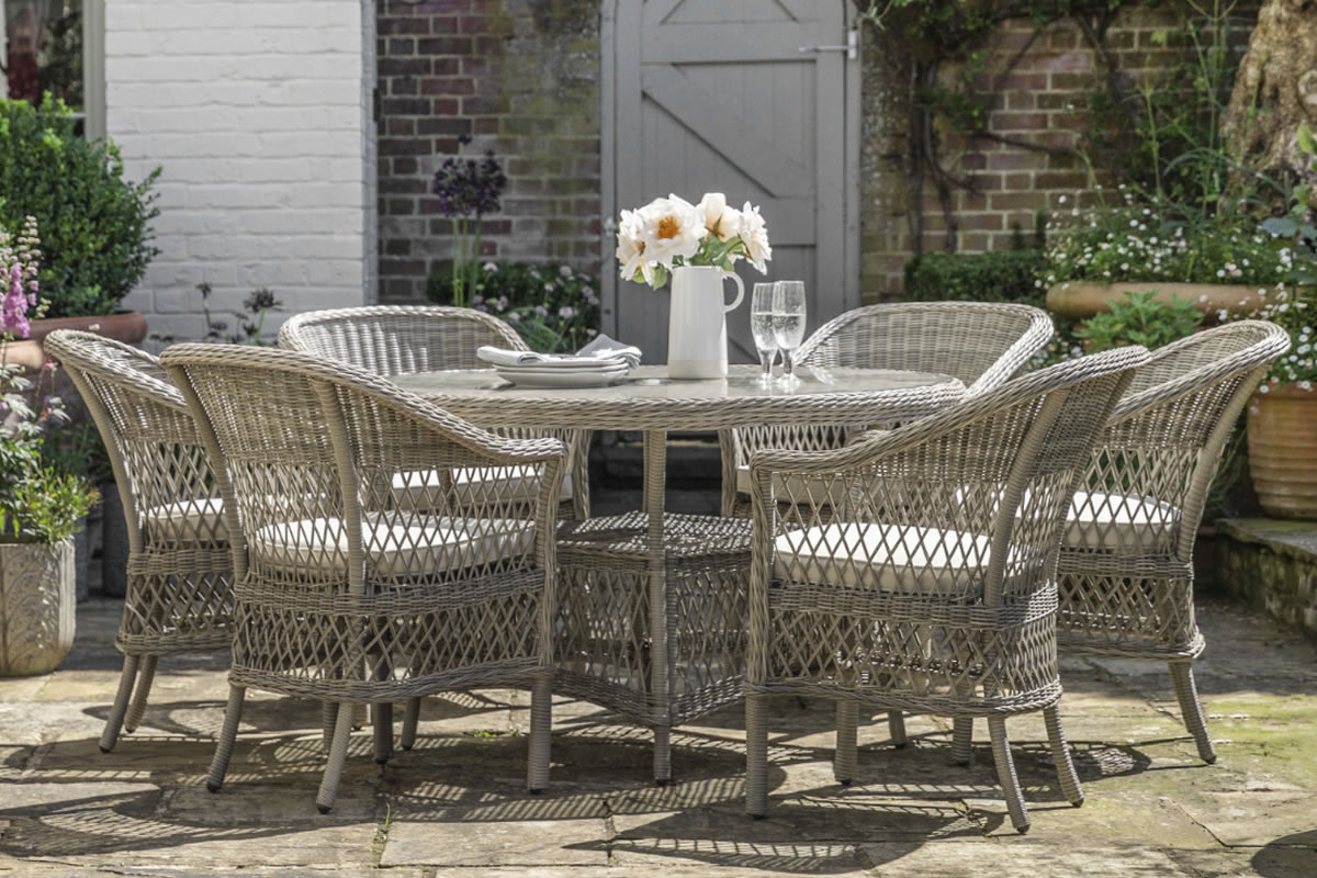View 6 Seater Rattan Outdoor Dining Set With Six Rattan Chairs Glass Top Rattan Table Loose Seat Cushions With Zipped Removable Cover Steel Frame information