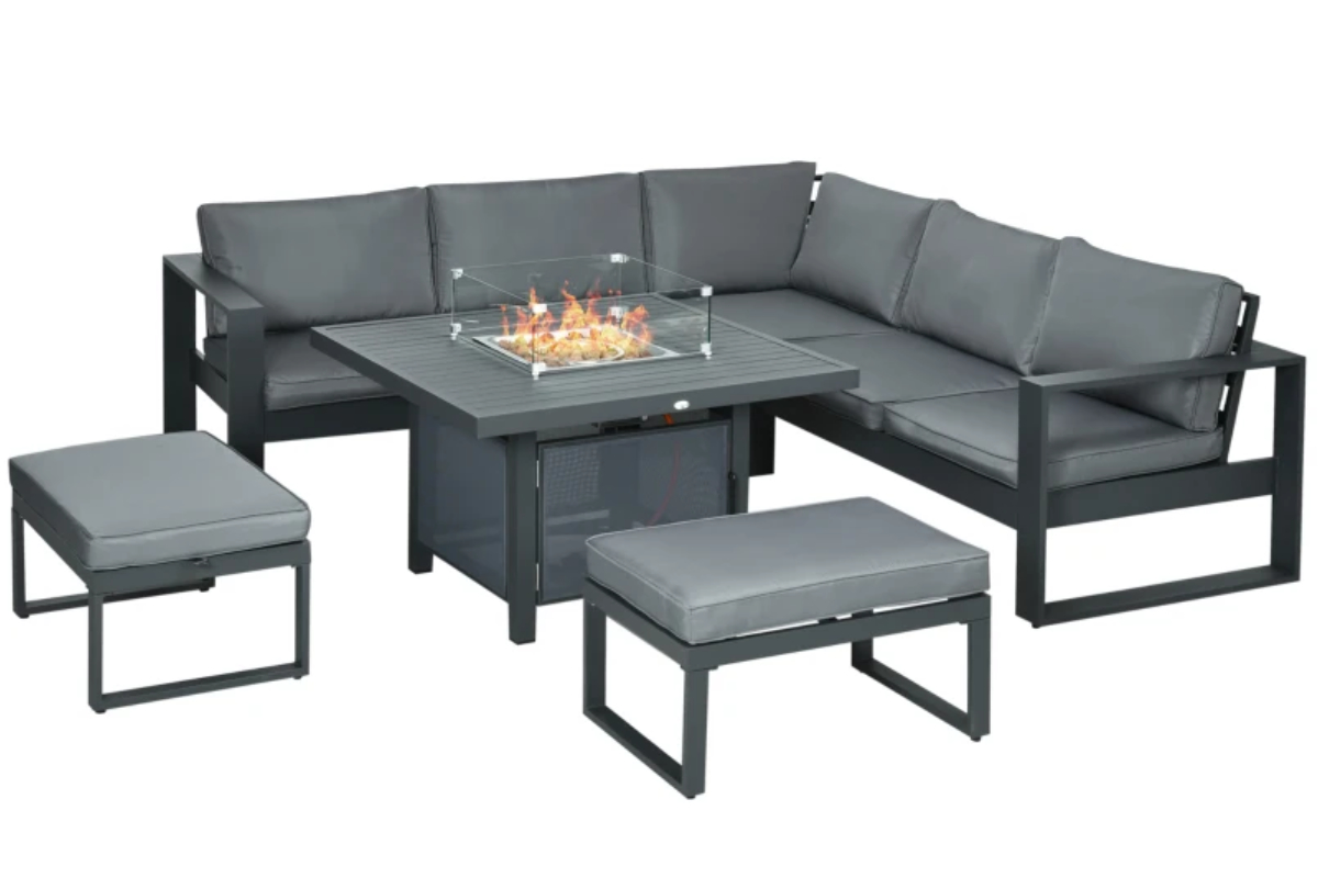 View Grey Outdoor Aluminum Corner Sofa Set With Fire Pit Table Wind Guard For Safety Padded Cushions With Removable Zipped Covers information