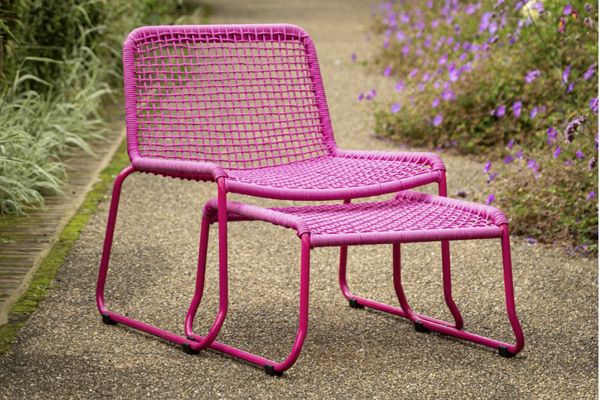 View Sassano Pink Metal Outdoor Patio Lounger Chair With Footstool Rope Woven Seat And Backrest Robust Steel Frame Shower Resistant information