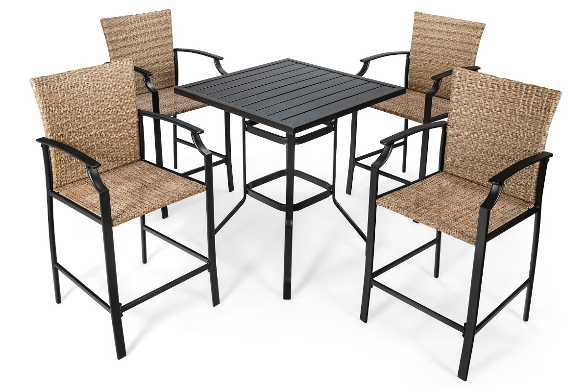 View Rattan Bar Stool Set with 4 Wicker Chairs Sturdy Steel Legs With Curved Design WeatherResistant Rattan Convenient footrest AntiSlip Footpad information