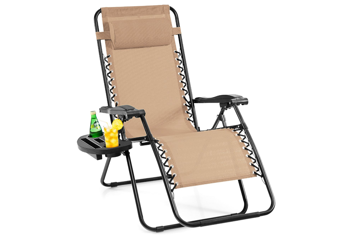 View Beige Folding Patio Recliner Chair Removable Headrest Foldable Portable Design Detachable Holding Tray Steel Frame 160kg Weight Capacity information