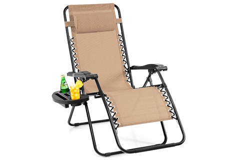 Beige  Folding Patio Recliner with Removable Headrest