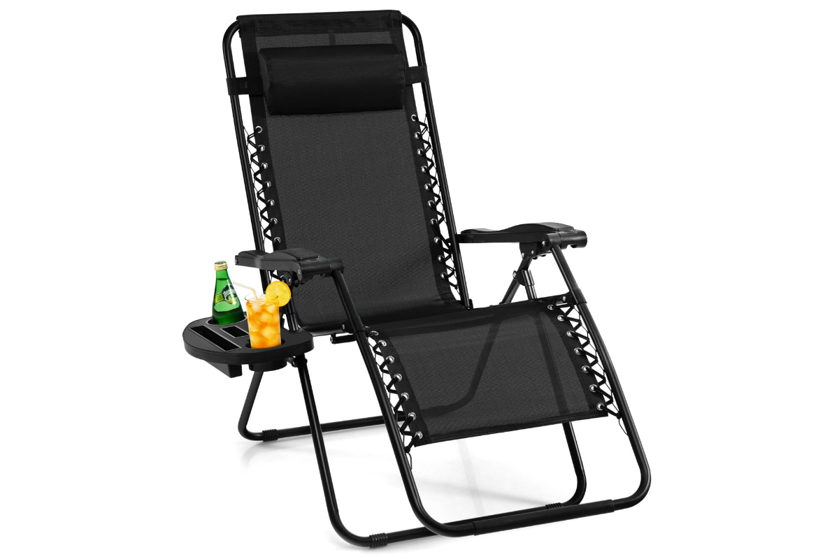 View Black Folding Patio Recliner Chair Removable Headrest Foldable Portable Design Detachable Holding Tray Steel Frame 160kg Weight Capacity information