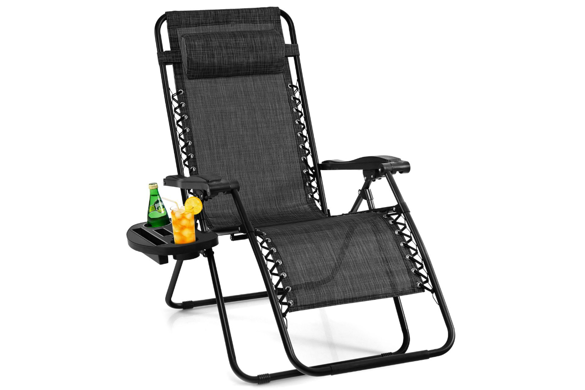 View Grey Folding Patio Recliner Chair Removable Headrest Foldable Portable Design Detachable Holding Tray Steel Frame 160kg Weight Capacity information