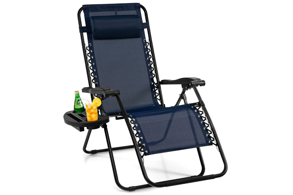 View Navy Folding Patio Recliner Chair Removable Headrest Foldable Portable Design Detachable Holding Tray Steel Frame 160kg Weight Capacity information