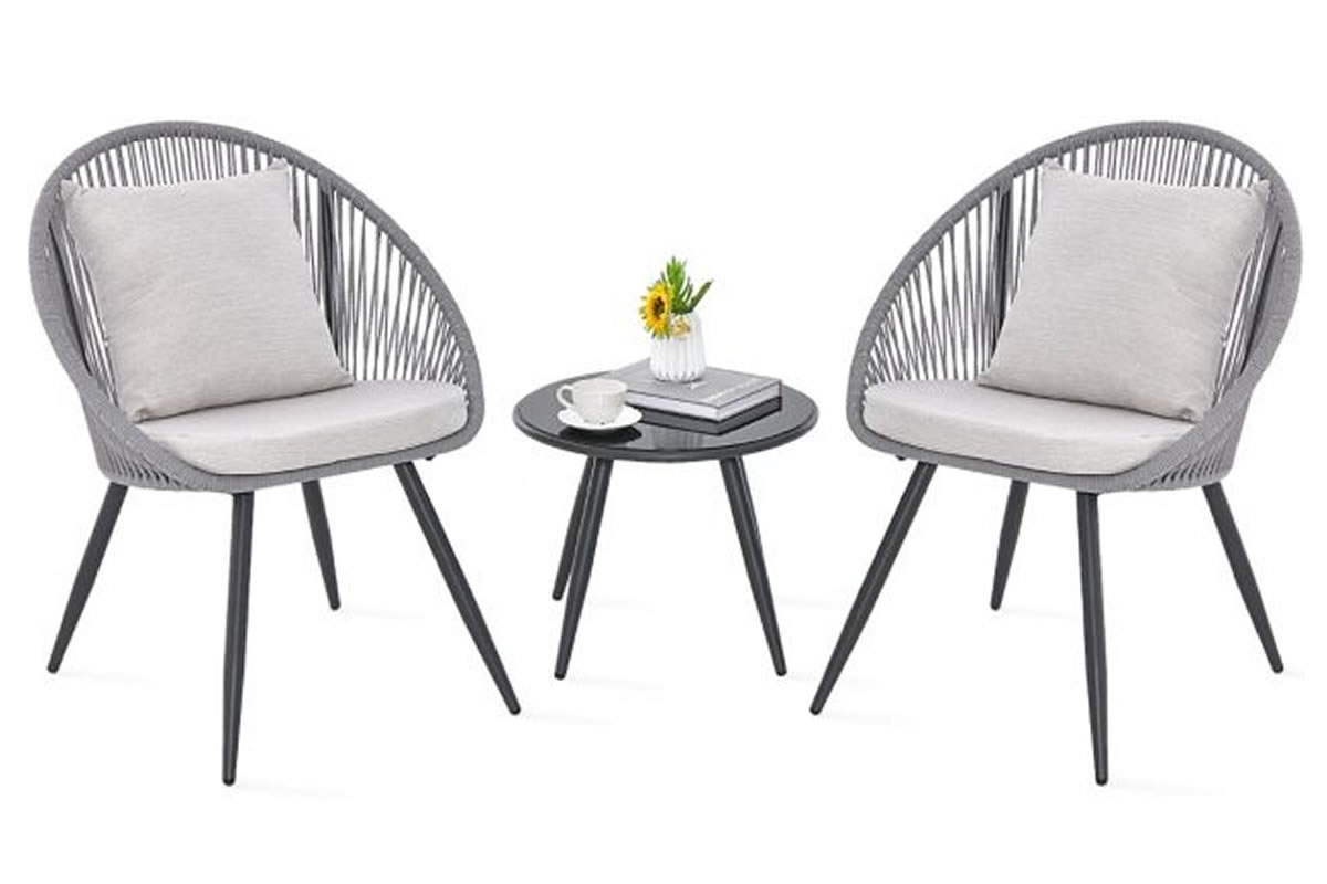 View Frankland Grey Woven Rope Outdoor Patio Set Two Chairs With Removable Cushions Coffee Table With Tempered Glass Tabletop HeavyDuty Metal Frame information