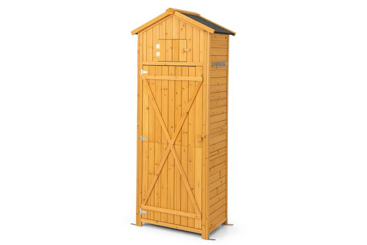 View Brisbane Wooden Garden Storage Tool Shed With Lockable Stable Door Sloped Roof 3 Storage Shelves Tall Storage Area BuiltIn Retractable Table information