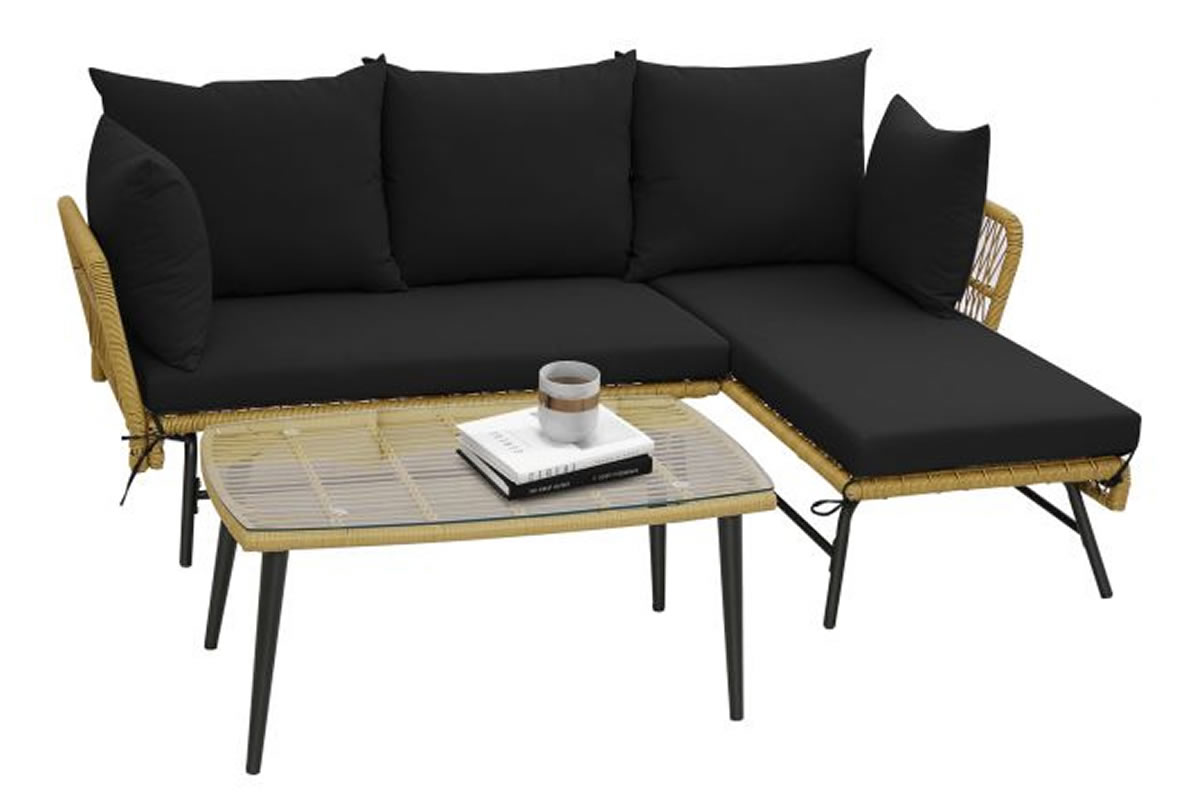 View Belmarsh Black Outdoor Woven Rattan Patio Set Includes Loveseat Lounger Coffee Table Forming A 3piece Lshaped Sofa Set With An Inclined Backrest information