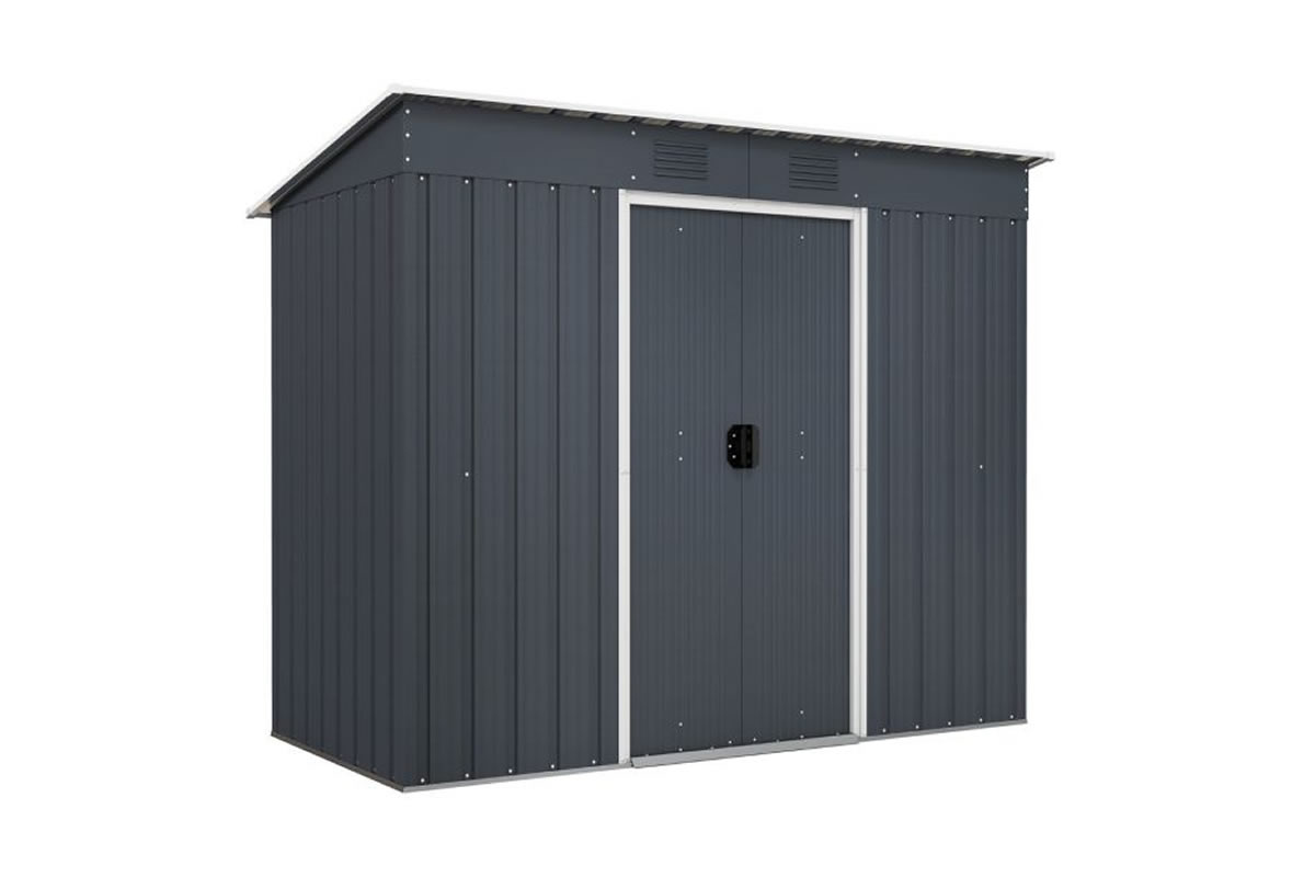 View Grey Metal Garden Storage Tool Shed with Sliding Doors Slope Roof Handles For EasyAccess Sturdy Steel Structure With Air Vented Windows information
