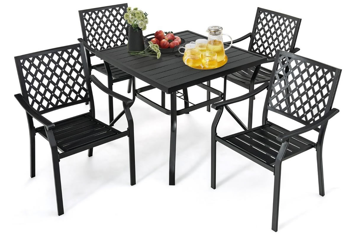View Stamford Outdoor Metal 4 Seater Patio Set Including Square Dining Table With Umbrella Slot Durable Steel Frame Slatted Design information