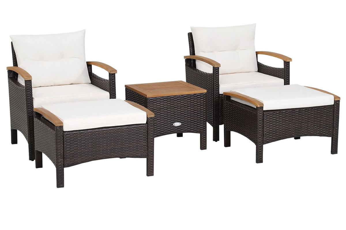 View Toulouse 5 Piece Outdoor Rattan Furniture Set Two Brown Rattan Chairs With Cushions Matching Footstools Coffee Table With Acacia Wood Tabletop information