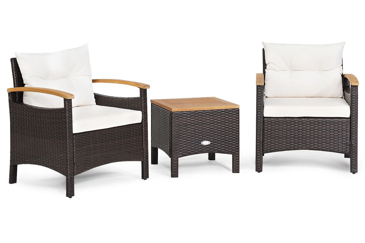 View Marseille 3 Piece Outdoor Garden Rattan Patio Set Two Brown Chairs With Cushions Matching Coffee Table With Acacia Wood Tabletop information