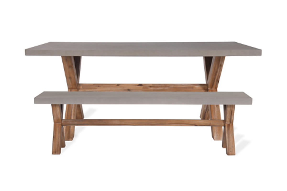 View Burford Small Dining Table Bench Set Natural Polystone Top Solid Acacia Wood Legs Suitable For Indoor Or Outdoor Use CrissCross Leg Design information